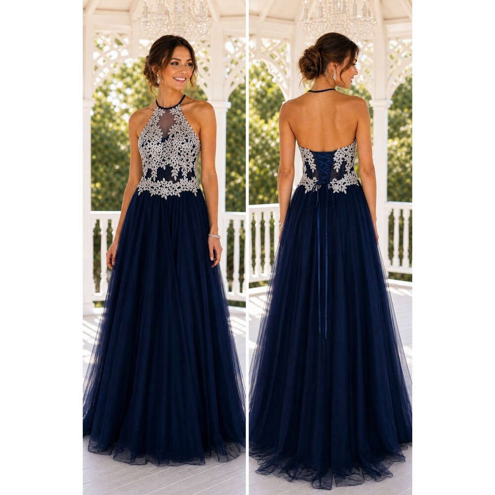 Blondie Nites Navy Silver Sequin Lace Halter Prom Gown Tulle Formal Dress Size 3